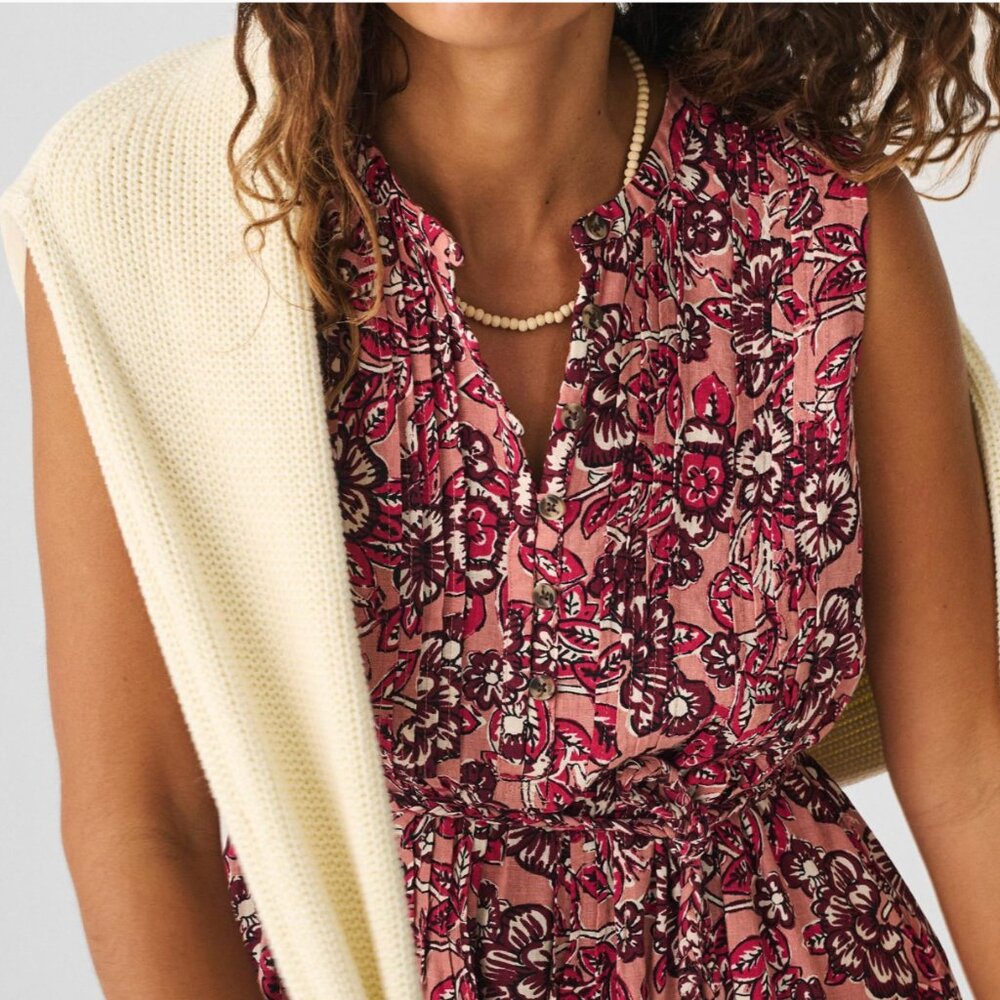 FAHERTY Isha Floral Linen Midi Dress in Rose Desert Bloom, L NWT